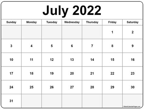 Printable Calendar Template July 2022